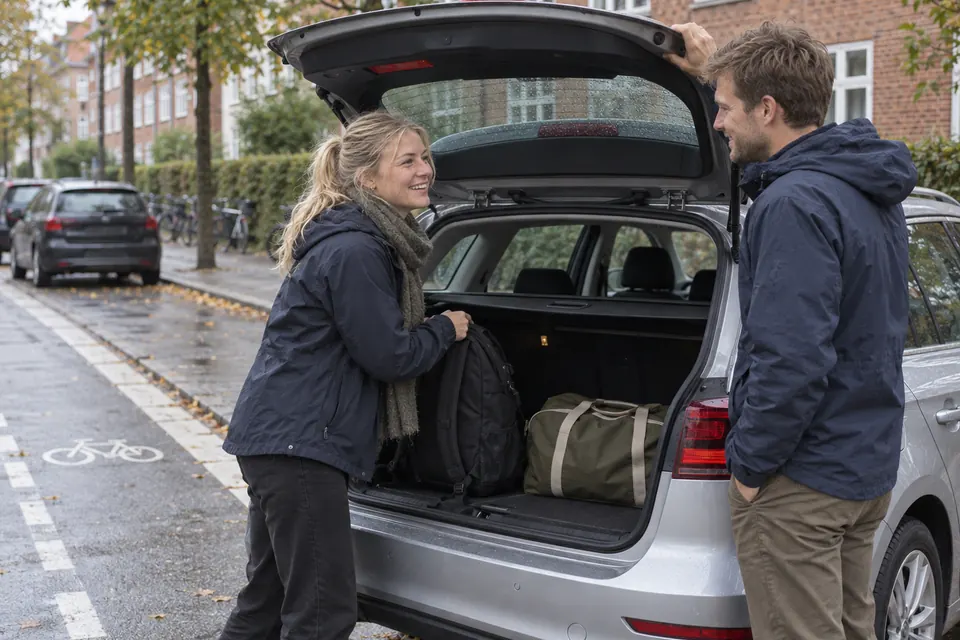 To personer lægger tasker i bagagerummet før en tur